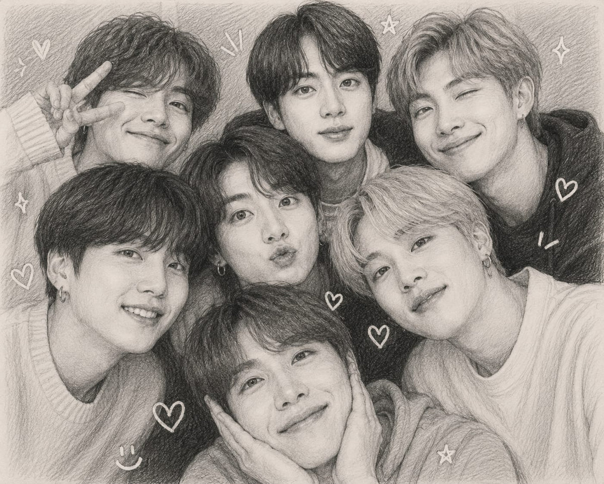 Bingkai Foto Potret Grup BTS Gambar Tangan (Buatan Penggemar)